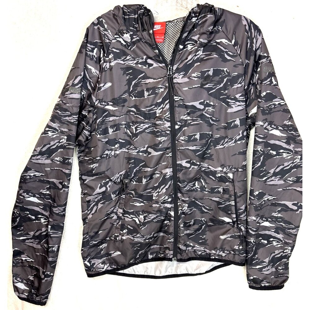 Nike Jacket Windbreaker Adult Med Black Gray Camo Full Zip Hoodie Pockets